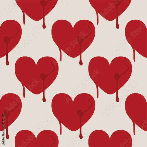 Seamless pattern with red bleeding hearts on light gray background.