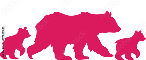 Pink silhouettes of Bear family and cubs, isolated on white background, Creative pink animal vector collection for cute nursery decor and baby products.