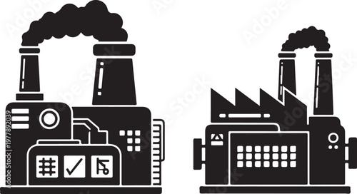 Industrial factories with smokestacks and pollution emission icons