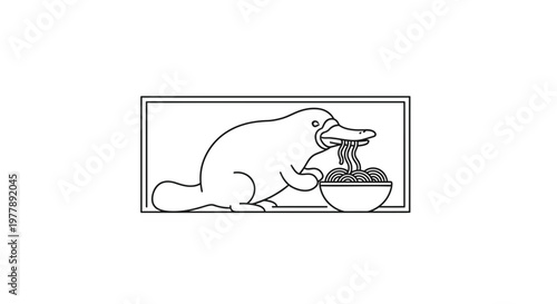 Funny Platypus Eating Spaghetti from Bowl, Cartoon Line Art