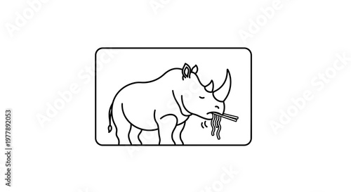 Funny Rhino Eating Noodles with Chopsticks - Minimalist Line Art