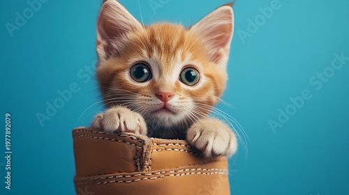 Tiny kitten hiding in a shoe peeking out with curiosity on blue background