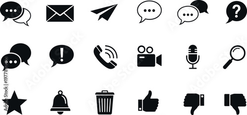 Communication and user feedback icon set featuring chat messaging email call media notification rating and interaction symbols