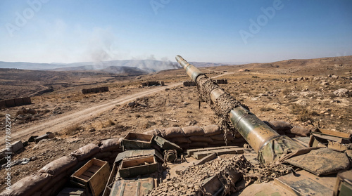 Military tank's camouflaged gun barrel extends over a barren desert, with smoke rising in the distant hills.