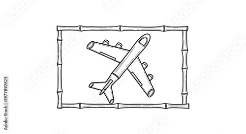 Hand-drawn Airplane Icon in Bamboo Frame, Travel and Adventure Concept