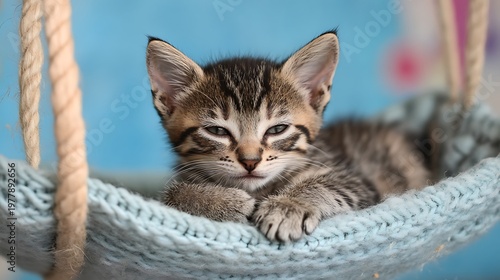 Tiny kitten lying in a hammock eyes half closed on blue background