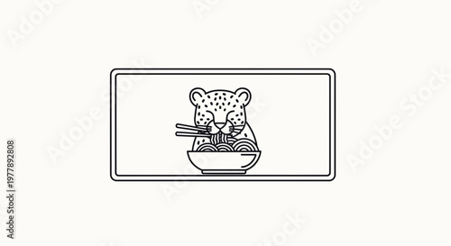 Cute Leopard Eating Ramen Noodles with Chopsticks in Minimalist Line Art Style