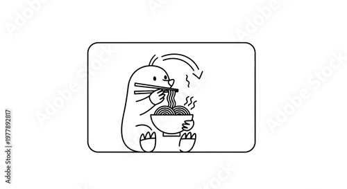 Cute Mole Character Eating Noodles with Chopsticks, Whimsical Line Art Illustration