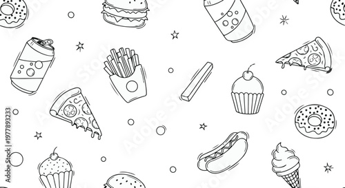 Black and white illustration of various fast food items