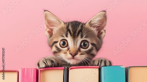 Tiny kitten peeking out from behind a stack of books on a pink background