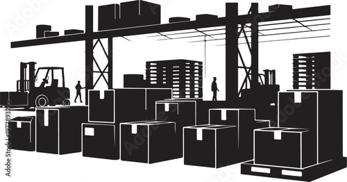Warehouse Workers Loading Boxes onto Forklift and Shelves Silhouette