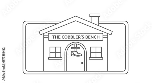 Cobbler's Bench Shop Front with Shoe Sign - Line Art Illustration