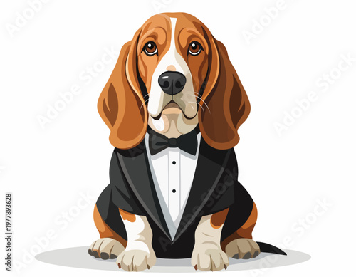 Detailed vector illustration of a charming Basset Hound dog wearing a black tuxedo and bow tie, sitting politely and looking directly at the viewer on a white background.