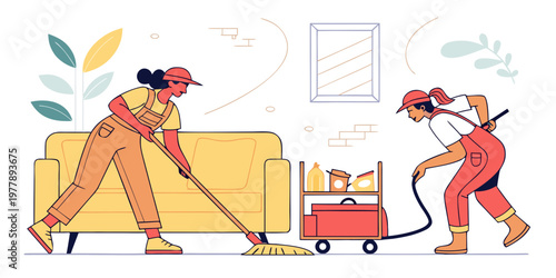 Professional cleaning service team working in a modern living room, one woman mopping the floor while another uses a vacuum cleaner near a yellow sofa