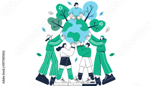 Diverse group of people holding a globe surrounded by trees and leaves in an Earth Day concept illustration emphasizing environmental awareness and community involvement