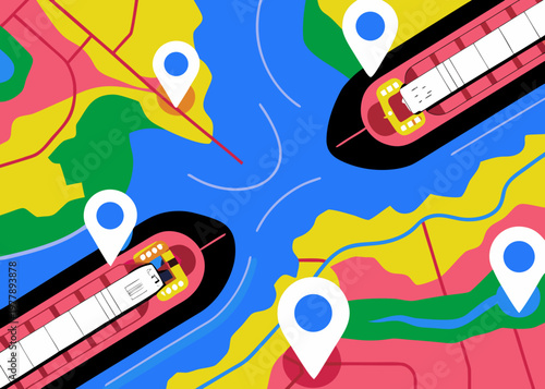 Two oil tankers navigating a colorful waterway with location markers, illustrating the impact of sanctions on maritime transport and global trade dynamics