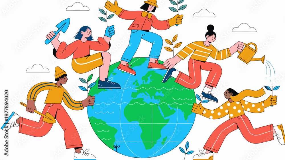 Naklejka premium Diverse group of people planting trees on a globe, showcasing environmental awareness and teamwork in colorful illustration representing global cooperation for greener planet, Earth Day celebration