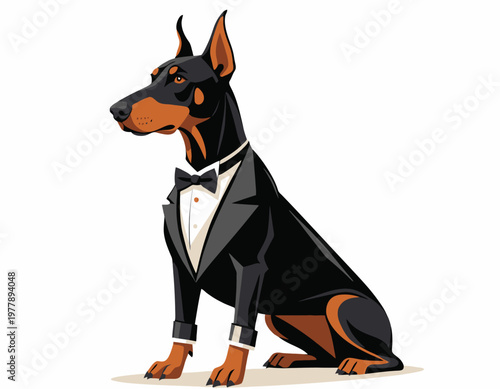 A detailed vector illustration of a Doberman Pinscher Dog in a Tuxedo, Posing Elegantly