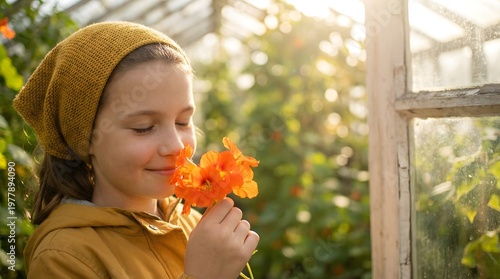 Young Girl Smelling Orange Flowers in Greenhouse, Warm Natural Light, Lifestyle Concept