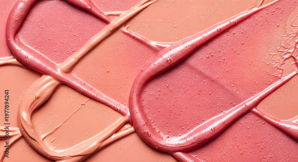 Fototapeta premium Liquid lip gloss and creamy blush texture smears with bubbles. Peach and pink cosmetic swatches