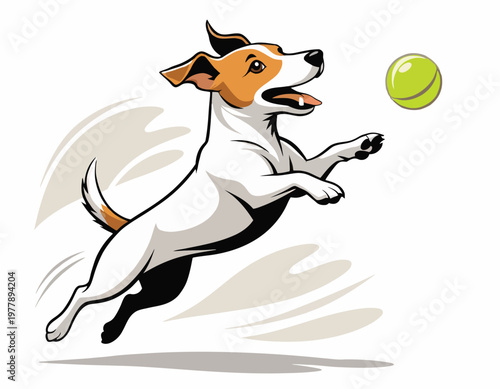 A detailed vector illustration of a Jack Russell Terrier jumping up to catch a ball, a playful image of a dog