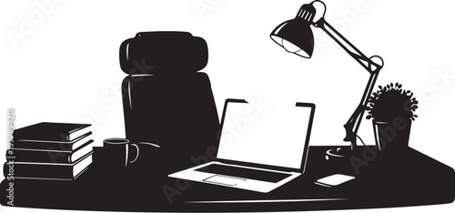 Silhouette of a modern home office workspace setup illustration