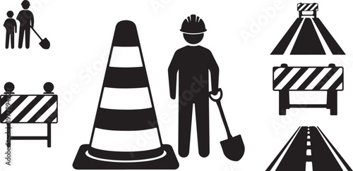 Construction site icons with workers and road barriers symbols