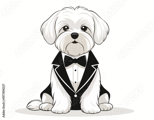 A detailed vector illustration of an elegant puppy wearing a tuxedo and a bow tie 