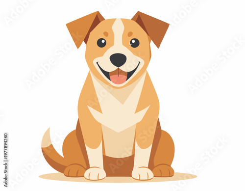 A detailed vector illustration of a cute, smiling cartoon dog with floppy ears and a wagging tail, sitting attentively.