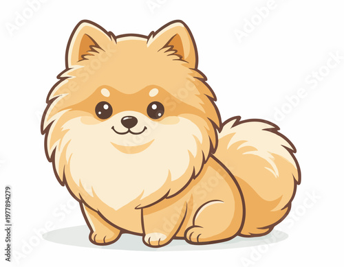 A detailed vector illustration of a cute and fluffy cartoon Pomeranian dog sitting and looking forward with a happy expression.