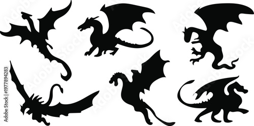 Black Dragon silhouettes set in flying and standing poses, isolated on white background, Vector illustration of mythical creatures for fantasy and legend designs.