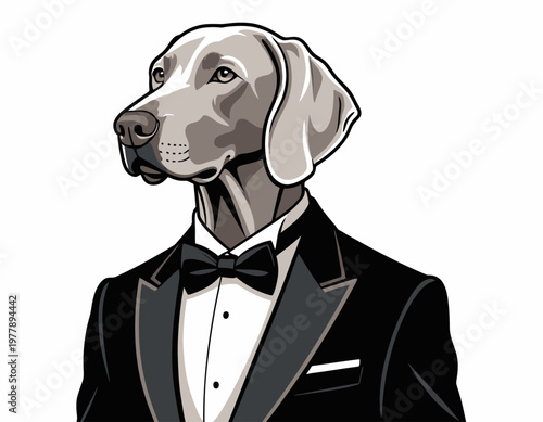 A detailed vector illustration of a well-dressed dog wearing a tuxedo, ready for a special occasion