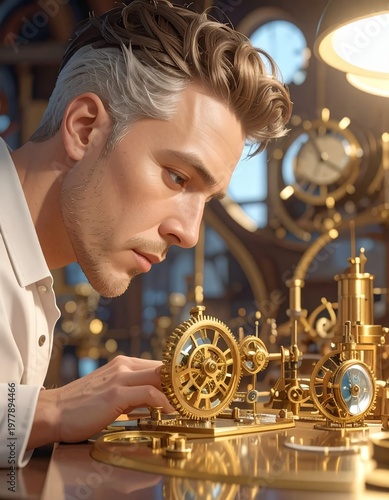 Focused inventor meticulously assembling intricate steampunk mechanism.