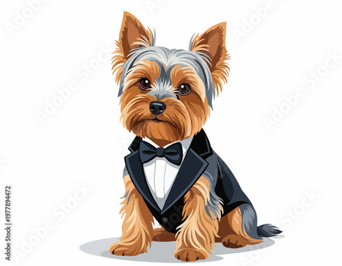 A Yorkshire Terrier dressed up in a tuxedo. It has a formal suit with a bow tie and an adorable expression. 