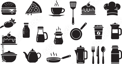 Food and drink icons in black and white vector