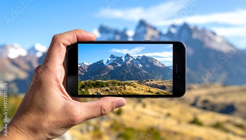 Hand holding smartphone capturing stunning mountain landscape with clear blue sky.