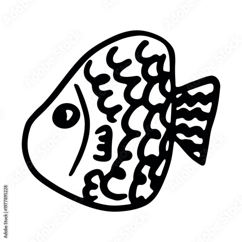 Hand drawn happy funny cute fish Adorable friendly kawaii tropical fish Underwater world sea life ocean Fishing seafood For design, kids print, kids books, nursery decor, coloring pages, logo