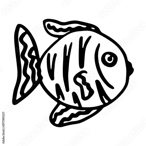 Hand drawn happy funny cute fish Adorable friendly kawaii tropical fish Underwater world sea life ocean Fishing seafood For design, kids print, kids books, nursery decor, coloring pages, logo