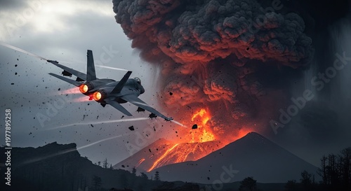 Military Aircraft Dropping Bombs on Volcano Eruption.