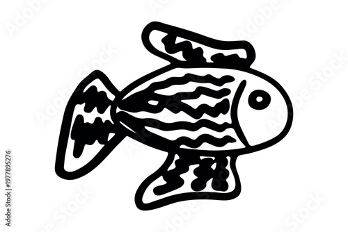 Hand drawn happy funny cute fish Adorable friendly kawaii tropical fish Underwater world sea life ocean Fishing seafood For design, kids print, kids books, nursery decor, coloring pages, logo