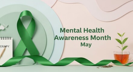 Mental Health Awareness Month in May - Green Ribbon and Support.