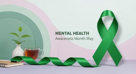 Mental Health Awareness Month May - Green Ribbon Symbolizing Support and Understanding.