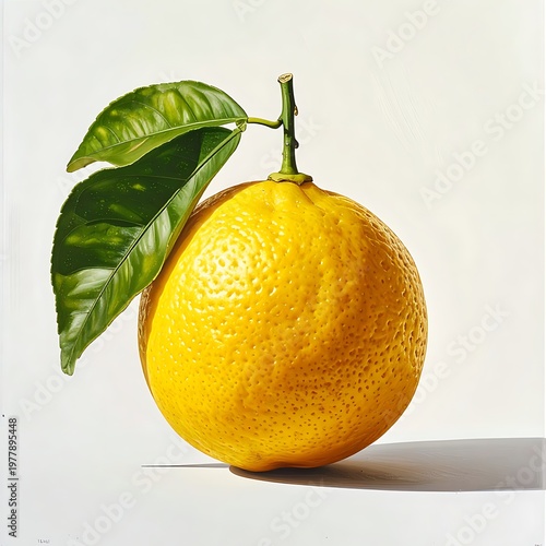A single, perfectly ripe citrus fruit with green leaves still attached to its stem rests against a stark white background