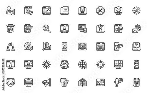 Internet Advertising icon set. Vector icons pack with marketer, cookies, ad blocker, targeting, bar graph, video marketing, A/B testing and more. Editable stroke.