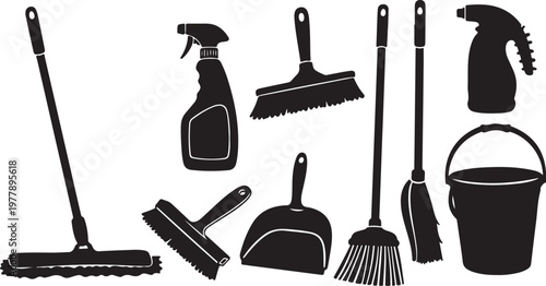 Cleaning tools and supplies in black silhouette style illustration