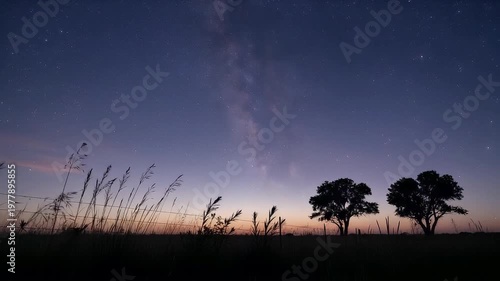 A galaxy stretches across the deep blue night sky, with a golden yellow glow. Dark silhouettes of trees and weeds adorn the foreground.