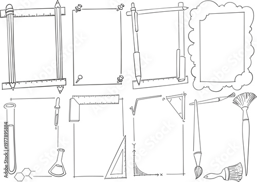 Hand Drawn Doodle Frames Made with School Supplies and Various Objects Vector Illustration eps10