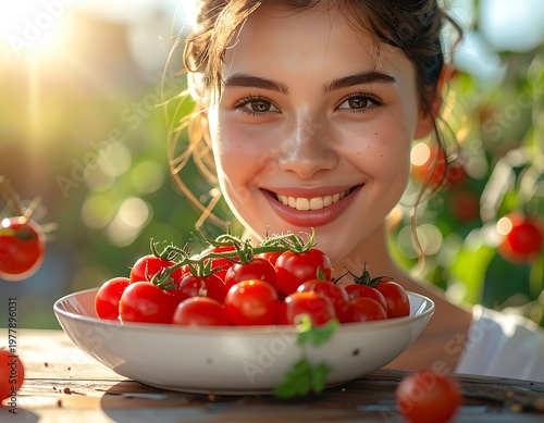 A smiling woman holds a bowl of red, ripe cherry tomatoes, bathed in golden sunlight, with a cheerful expression