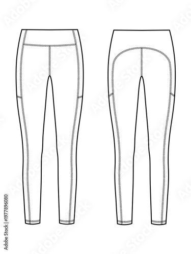 Compression Leggings Flat Sketch, Women High Waist Fitness Yoga Pants Technical Drawing Front Back, Contour Activewear Line Art Vector