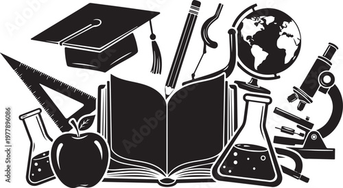 Education Icons and School Supplies in Black and White